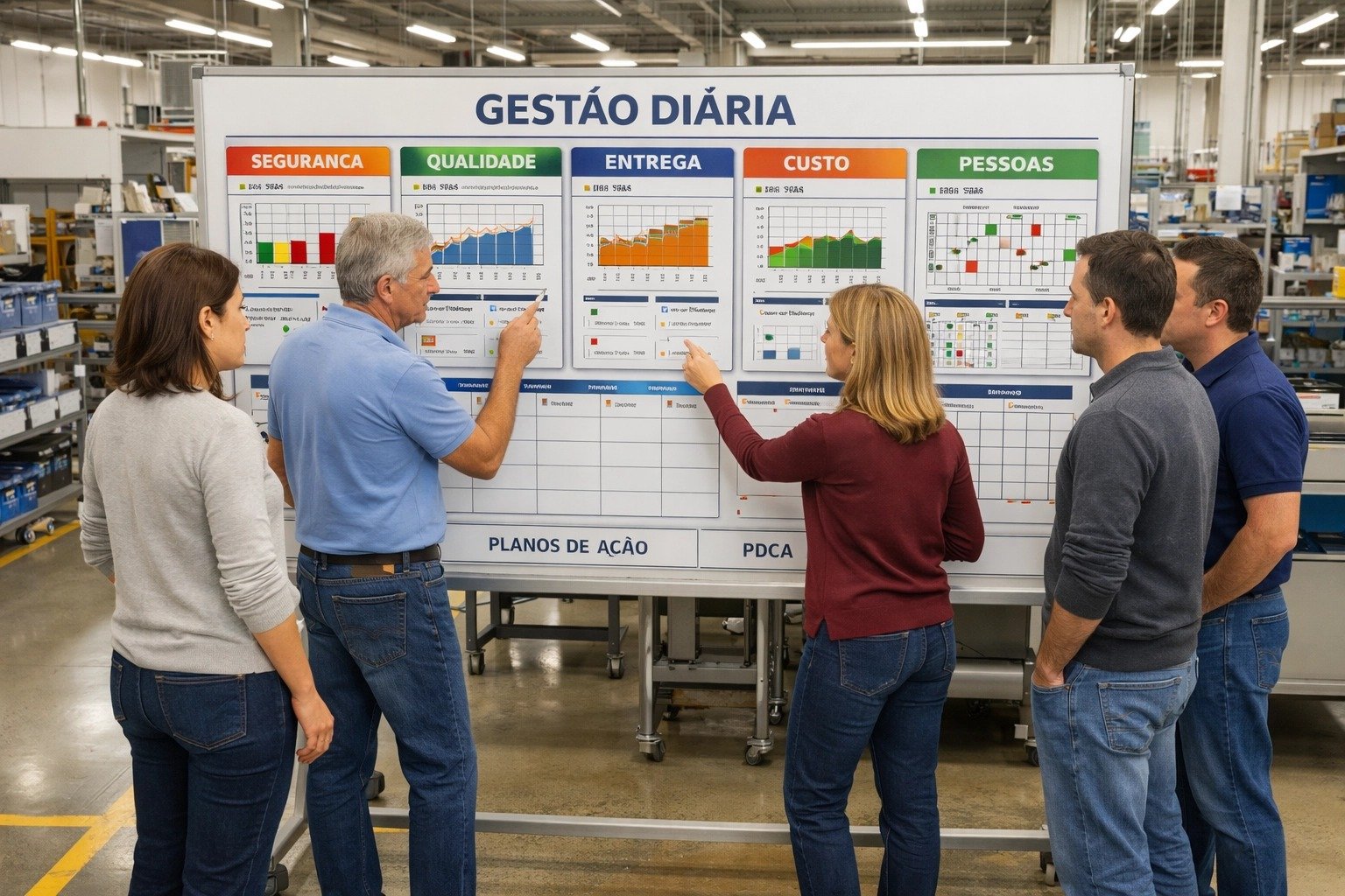 Equipe aplicando excelência operacional no chão de fábrica para resultados sustentáveis e melhoria contínua pela Master Plan